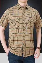 Men's Khaki Plaid Short Sleeve Button-Down Shirt with two chest pockets.