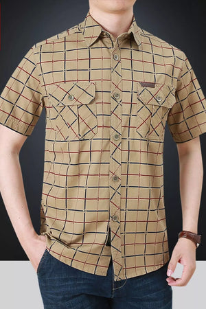 Men's Khaki Plaid Short Sleeve Button-Down Shirt with two chest pockets.