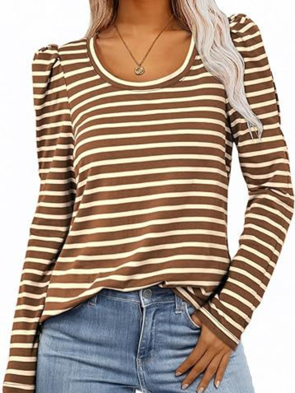 Breton stripe tee in Camel with puff sleeves and scoop neck.