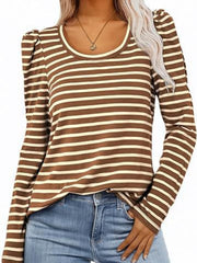 Breton stripe tee in Camel with puff sleeves and scoop neck.