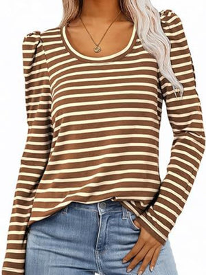 Breton stripe tee in Camel with puff sleeves and scoop neck.