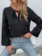 Black lace trim bell sleeve blouse with tie neck detail
