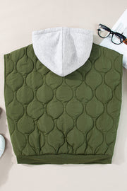 Quilted moss green hooded sleeveless jacket with grey hood and ribbed hem.