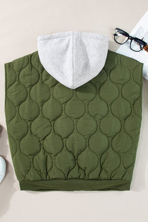 Quilted moss green hooded sleeveless jacket with grey hood and ribbed hem.
