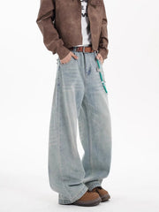 Washed blue cotton wide-leg jeans with a relaxed fit and casual styling.