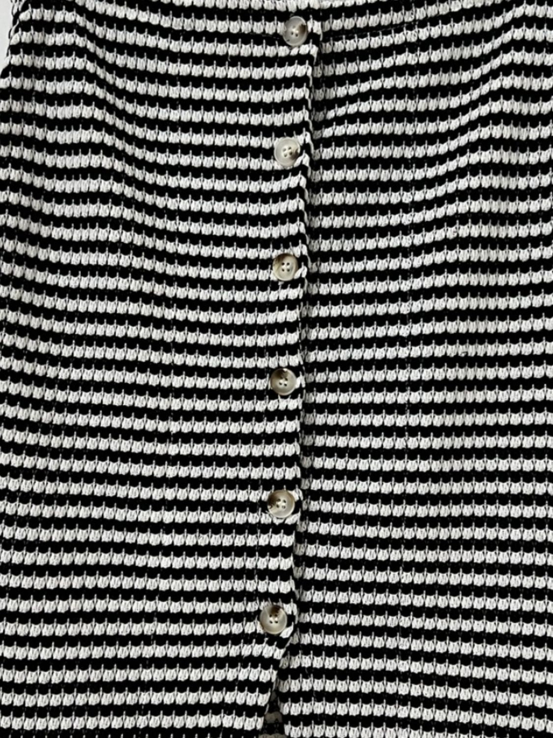 Textured stripe button-down tank top in black with a subtle waffle knit texture.