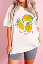 Cream polyester t-shirt with a graphic of three lemons and the text "easy peasy lemon squeezy".