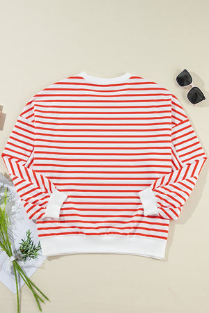 Chevron-Inset Stripe Sweatshirt in red and white horizontal stripes with crew neck and white cuffs.