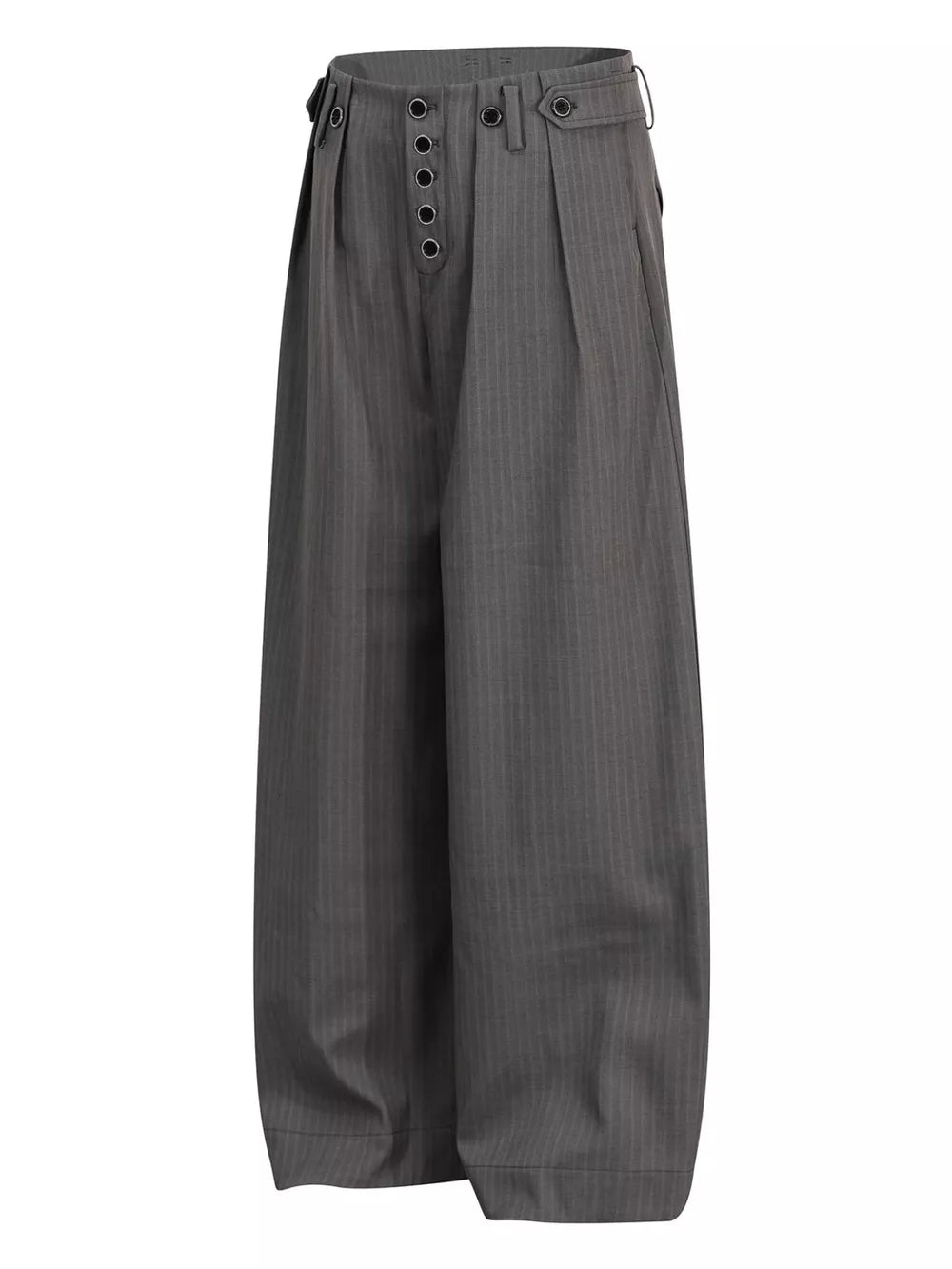 Grey pinstripe wide-leg men's sweatpants with button fly and adjustable waist tabs.