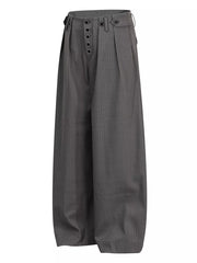Grey pinstripe wide-leg men's sweatpants with button fly and adjustable waist tabs.