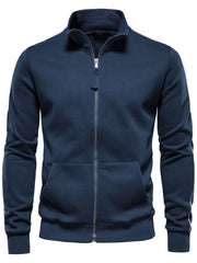 Navy track jacket with white side stripes, full zip, and pockets.