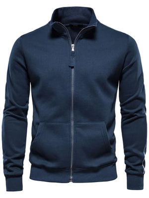 Navy track jacket with white side stripes, full zip, and pockets.