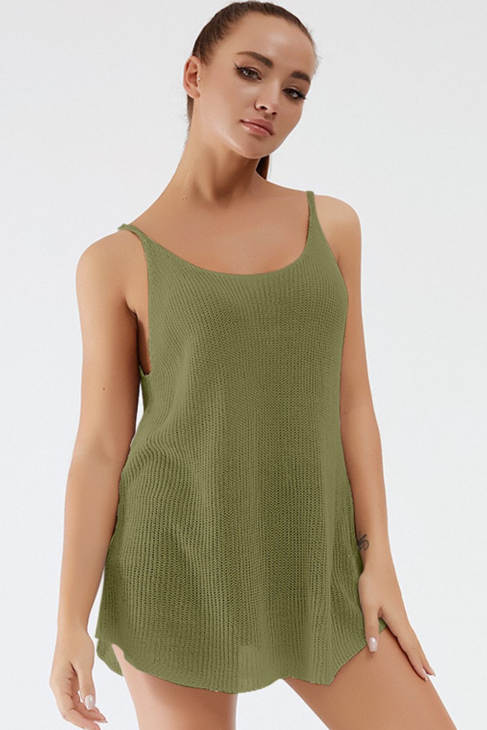 Matcha green ribbed knit cami with scoop neckline and thin straps