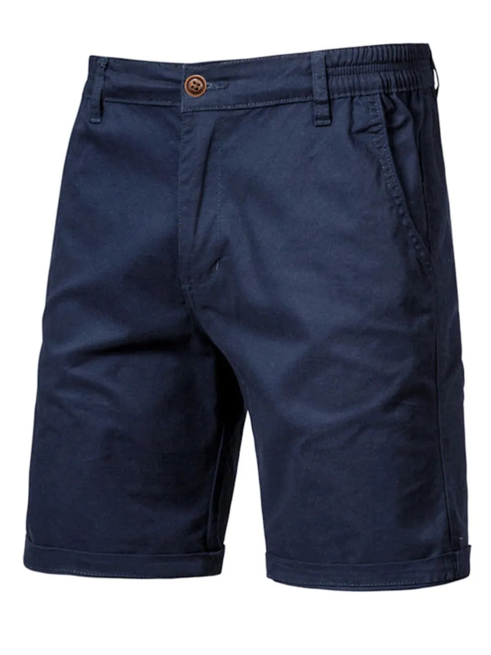 Navy relaxed-fit chino shorts with elastic waist and button closure.