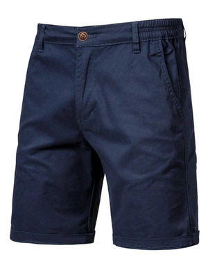 Navy relaxed-fit chino shorts with elastic waist and button closure.