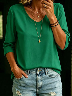 Full Size V-neck 3/4 Sleeve T-shirt Plus Size, alternate angle
