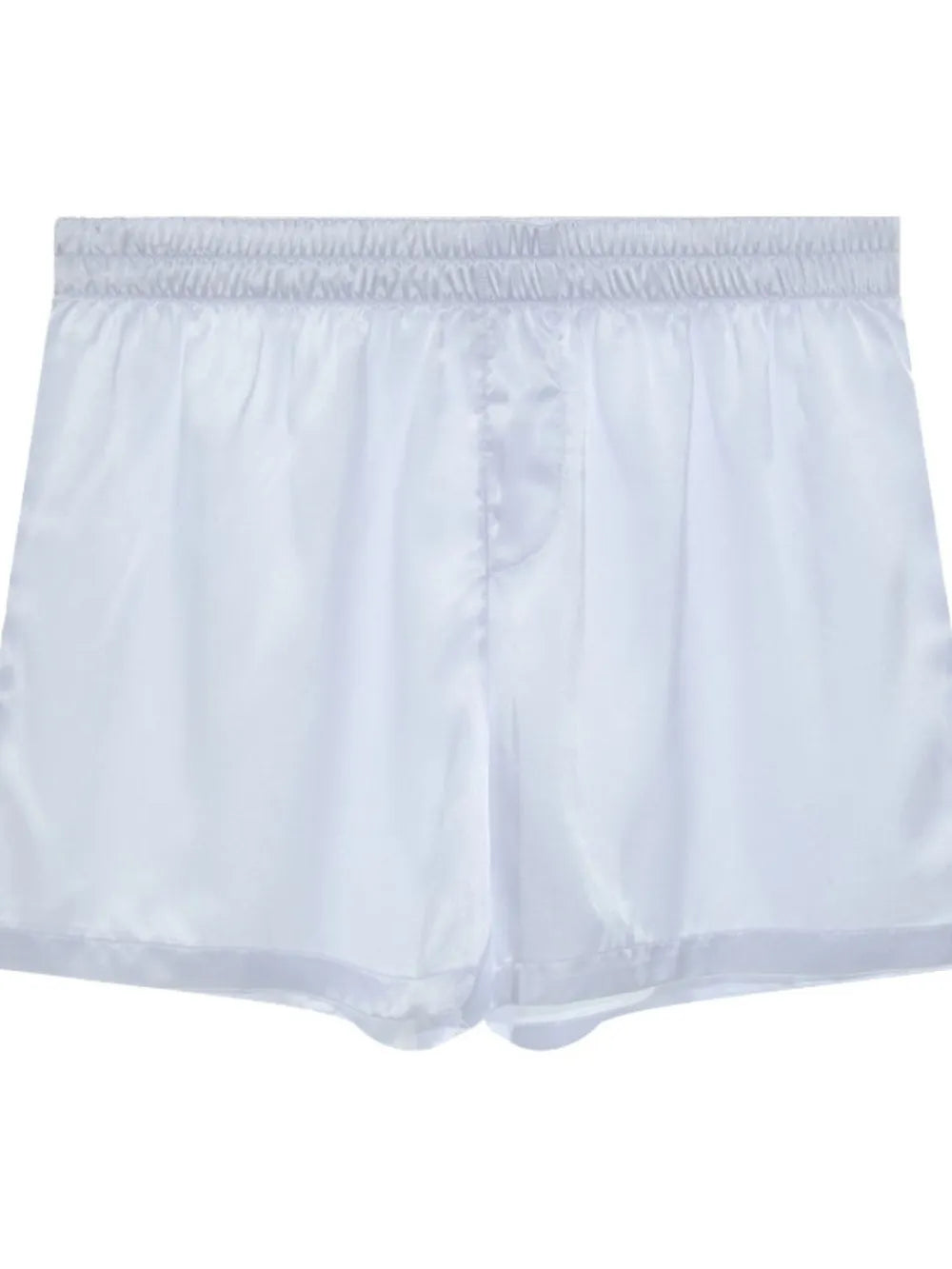 White satin boxer shorts with elastic waistband and button fly.