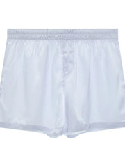 White satin boxer shorts with elastic waistband and button fly.