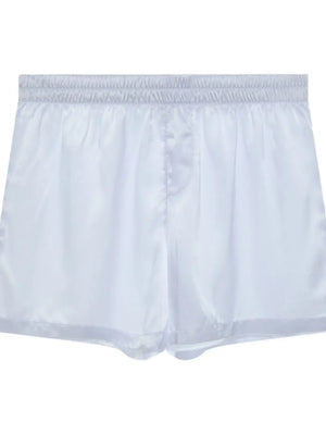 White satin boxer shorts with elastic waistband and button fly.