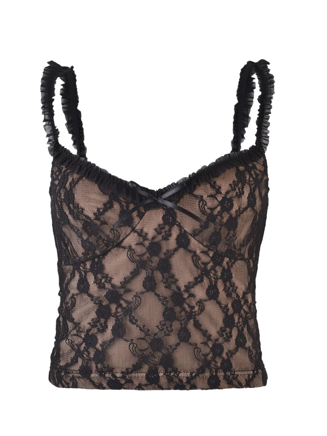 Black lace cami with ruffled straps and a bow detail