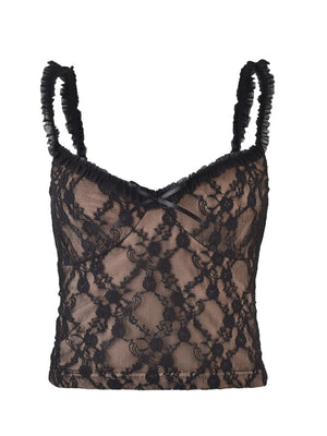 Black lace cami with ruffled straps and a bow detail
