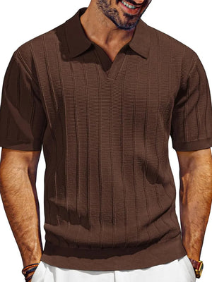 Coffee brown ribbed knit polo shirt with open placket and short sleeves.