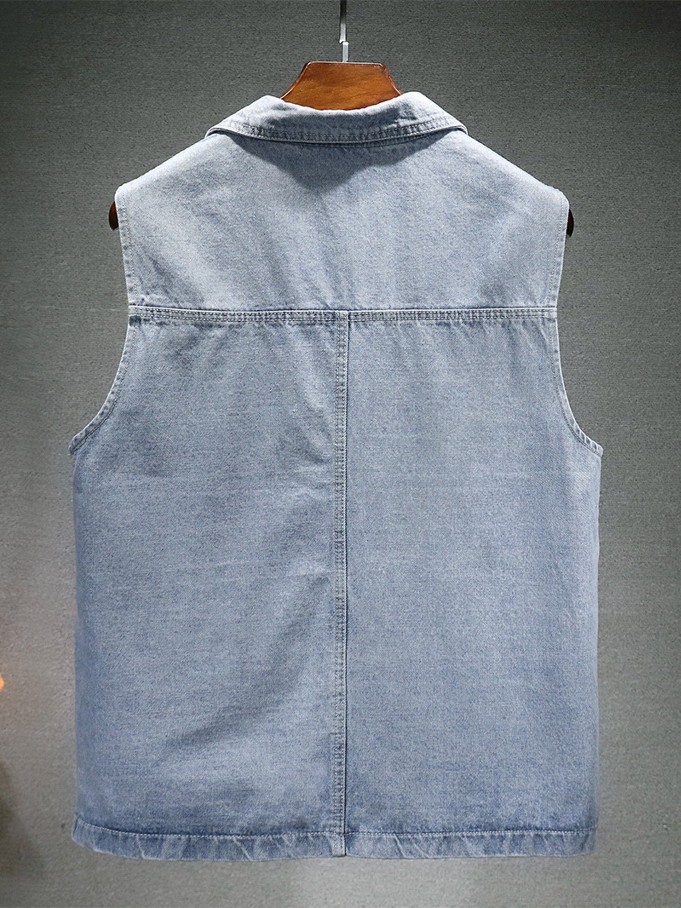 Light blue denim vest for men, classic collar, sleeveless, basic style.