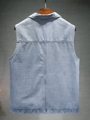 Light blue denim vest for men, classic collar, sleeveless, basic style.