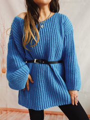 Sky blue ribbed knit sweater with belted waist and off-shoulder neckline.