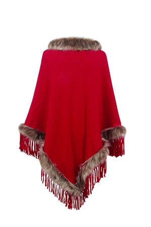 Deep Red textured knit poncho with faux fur trim and fringe details.