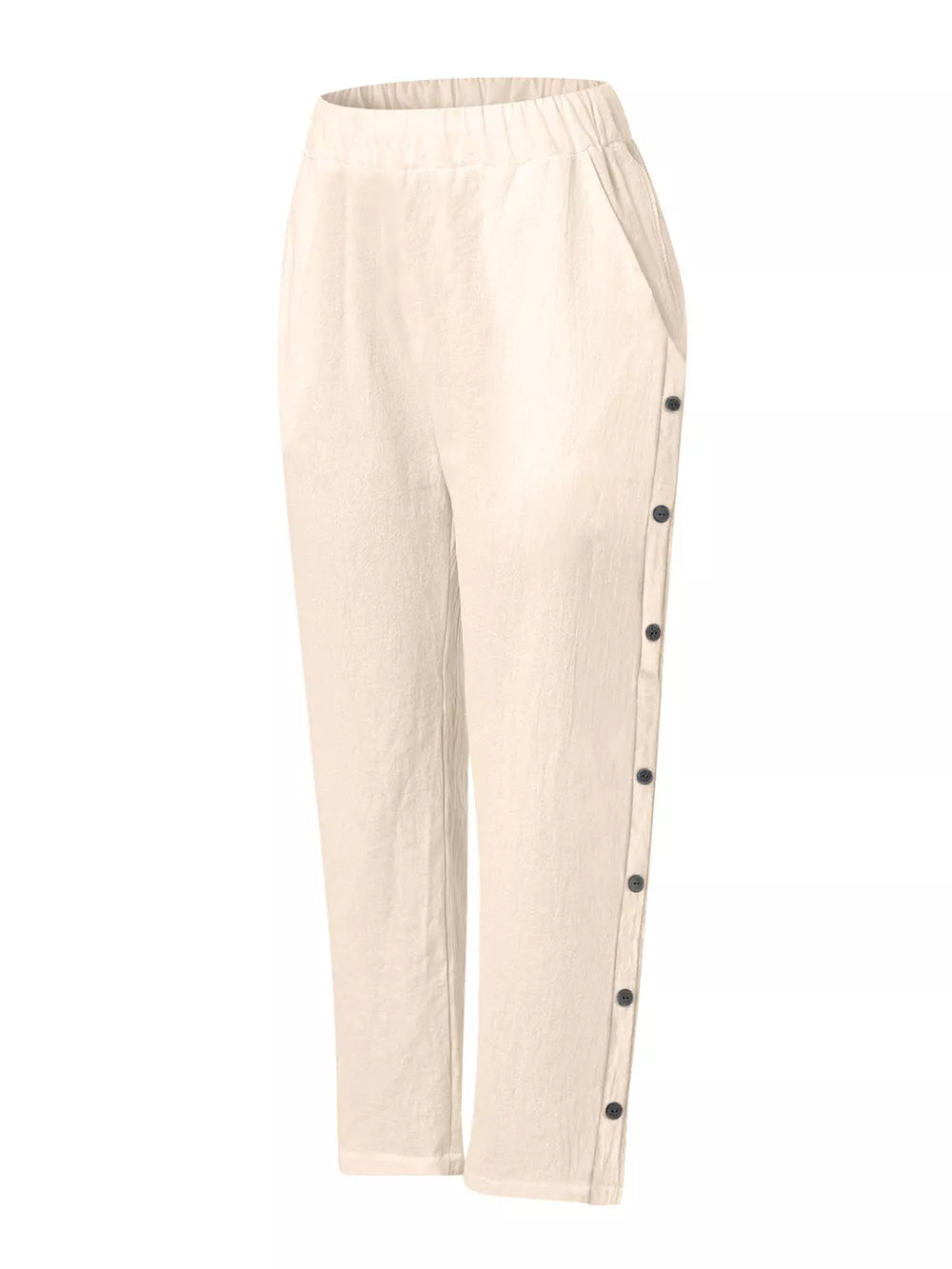 Apricot relaxed fit pants with decorative buttons down the side and elastic waist.