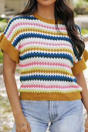 Textured knit sweater with multicolor stripes and mustard yellow contrast trim sleeves and hem.