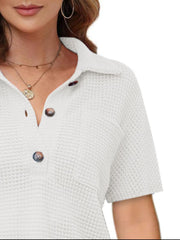 White waffle knit polo shirt with button detail and collar