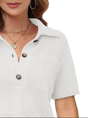 White waffle knit polo shirt with button detail and collar