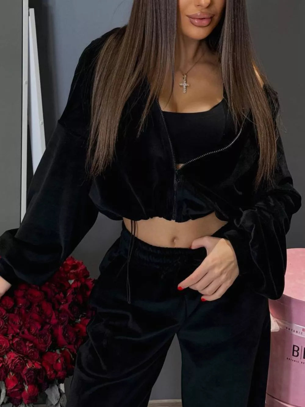 Zip Up Cropped Outerwear And Pants Set, alternate angle