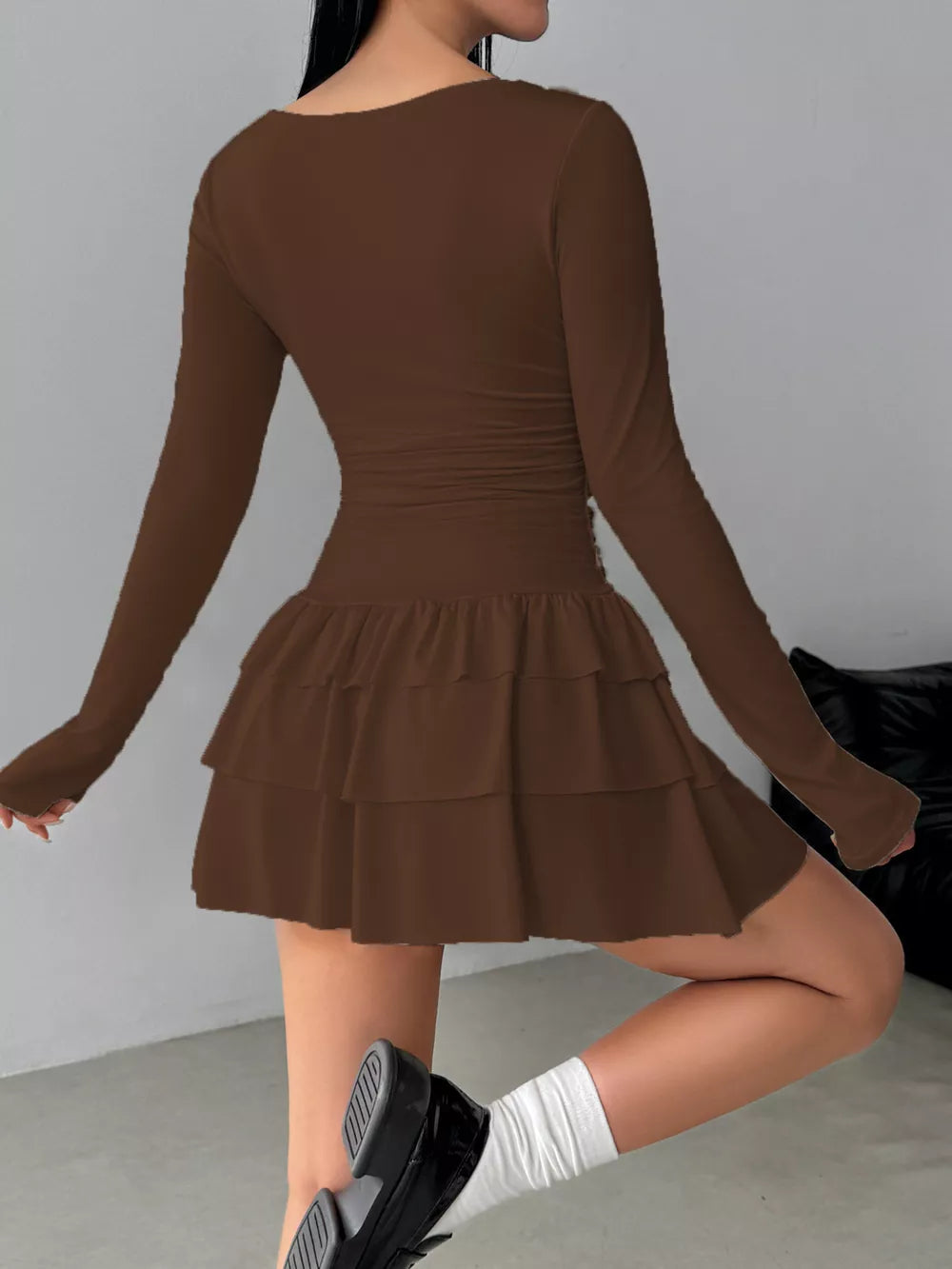 Ruched Long Sleeve Layered Ruffle Mini Dress in Red, editorial view