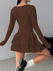Ruched Long Sleeve Layered Ruffle Mini Dress in Red, editorial view