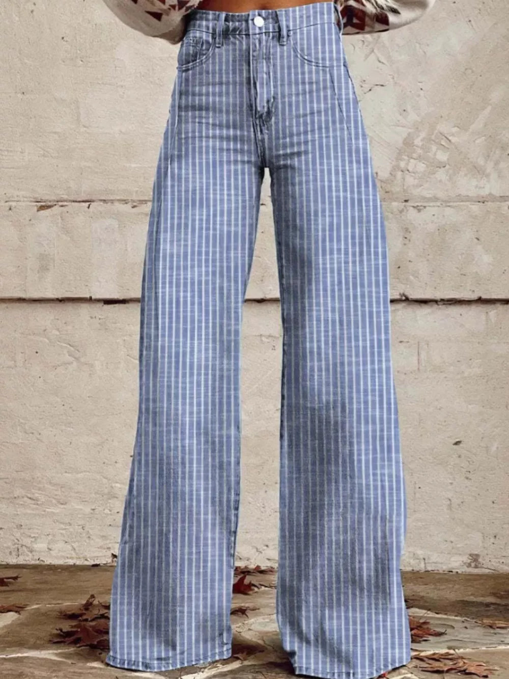 Light blue pinstripe high-waisted wide-leg denim jeans with pockets