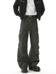 Relaxed fit utility cargo pants in dark gray with multiple pockets and a belted waist.