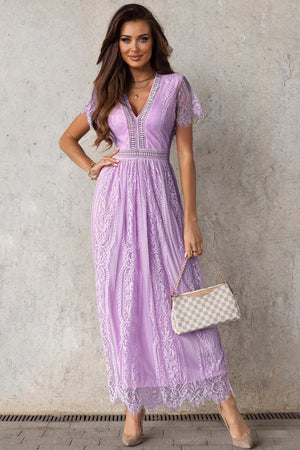Lavender lace midi dress with V-neck, short sleeves, and scalloped hem.