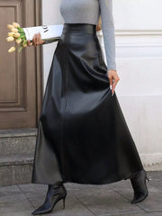 Black leather-like A-line midi skirt with central seam detail