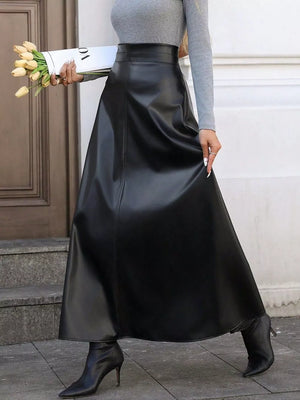 Black leather-like A-line midi skirt with central seam detail