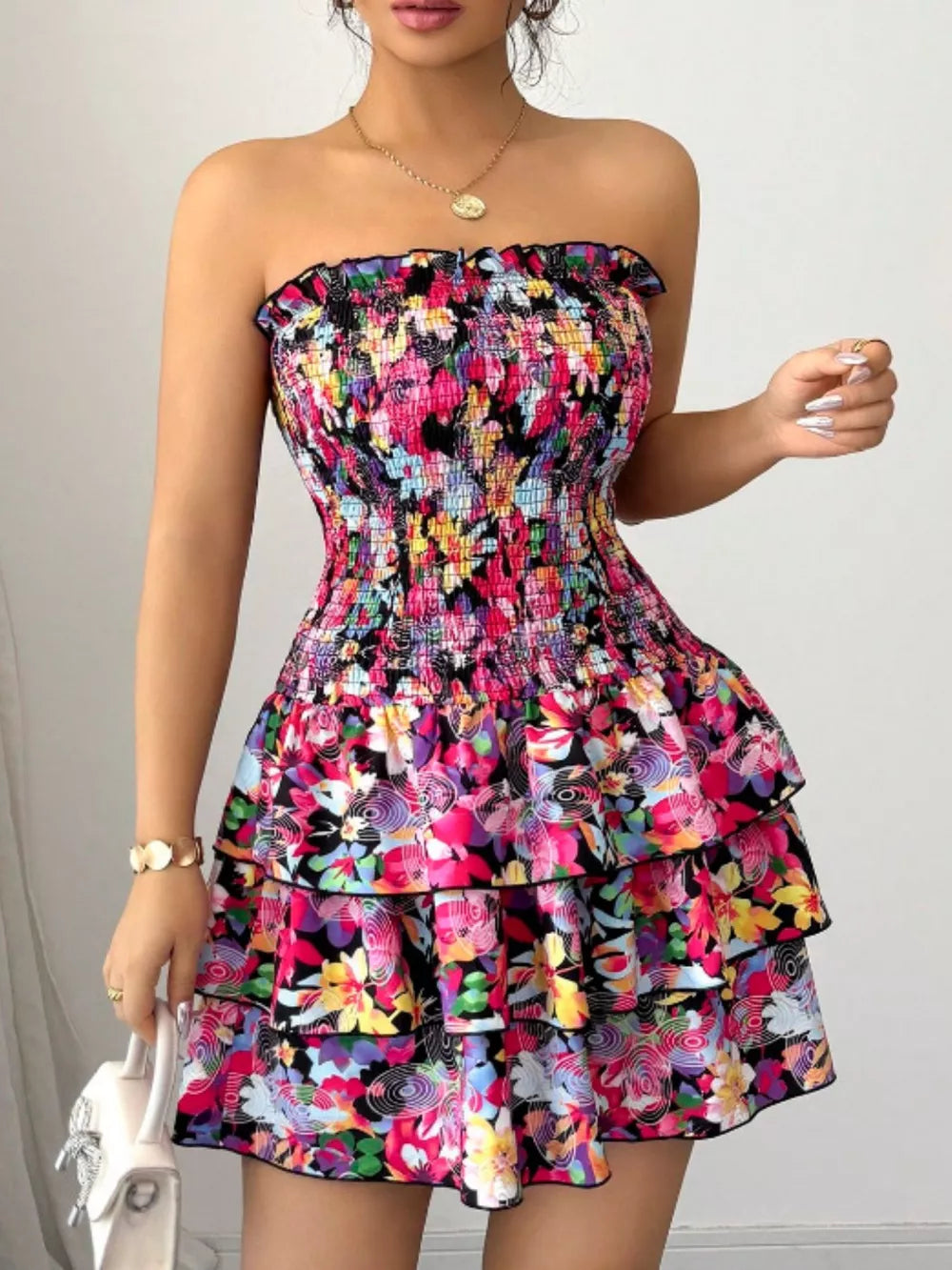 Strapless Smocked Floral Tiered Mini Dress in Color, close-up detail