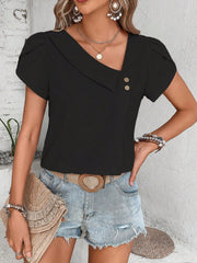 Black asymmetric collar blouse with button detail and short puff sleeves