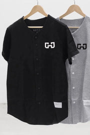 Black baseball jersey with embroidered logo and button front.