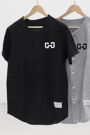 Black baseball jersey with embroidered logo and button front.