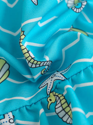 Blue cotton blend cami and shorts set with seahorse print