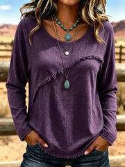 Full Size Fringe Detail Long Sleeve T-shirt Plus Size in Orange, product detail