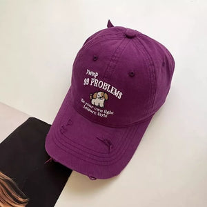 Dog Distressed Baseball Cap, close-up detail
