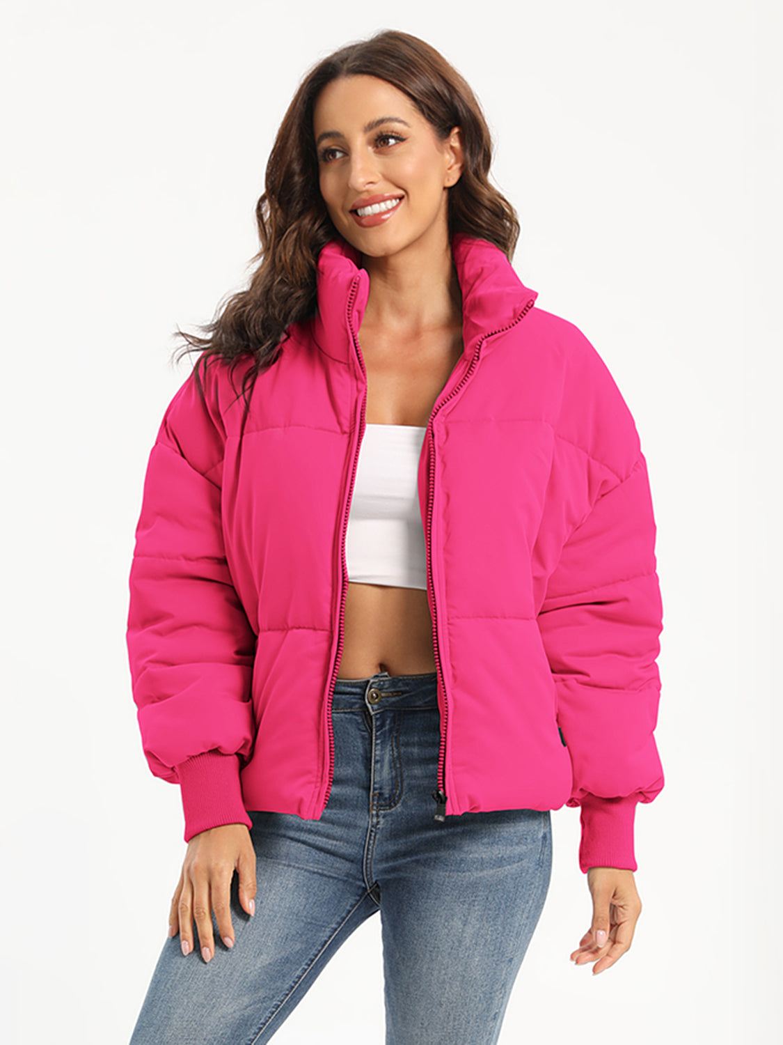 Hot Pink padded bomber jacket with ribbed cuffs and a stand-up collar.